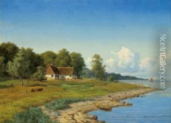 Northern European Coastal Landscape With Straw Thatched Farm House Oil Painting - Axel Thorsen Schovelin