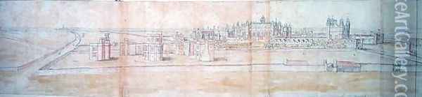 Hampton Court Palace from the North, from The Panorama of London, c.1544 Oil Painting - Anthonis van den Wyngaerde