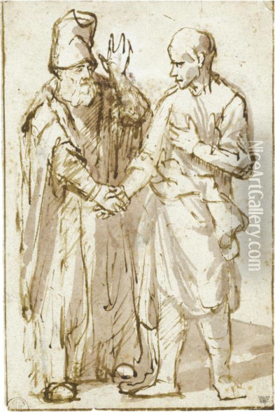 An Old Man And A Young Man Shaking Hands (the Departure Of Tobit?) Oil Painting - Willem Drost