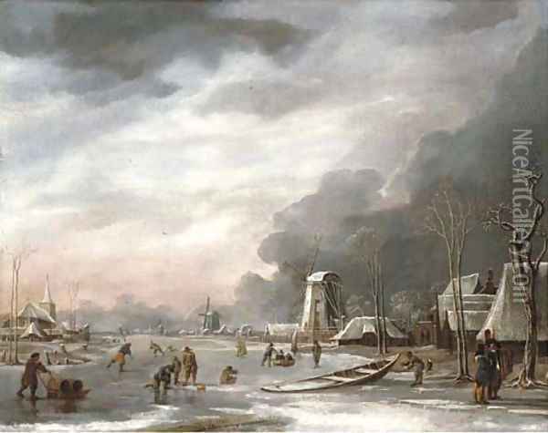A winter landscape with villagers sledging on a frozen lake, a church beyond Oil Painting - Hendrik Jakobsz. Dubbels