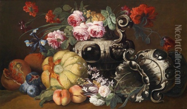 Ein Blumen- Und Obststillleben Mit Zwei Barocken Prunkvasen Oil Painting - Abraham Brueghel