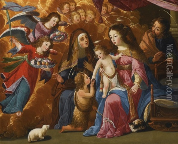 Holy Family With The Infant Saint John The Baptist, Saint Elizabeth And Angels Oil Painting - Josefa de (Obidos) Ayala