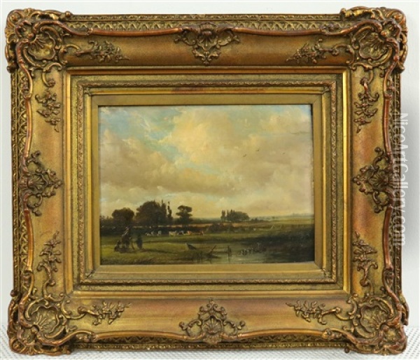 Panoramisch Landschap, Op De Voorgrond Figuren Met Een Hond Oil Painting - Johannes (Jan) Tavenraat