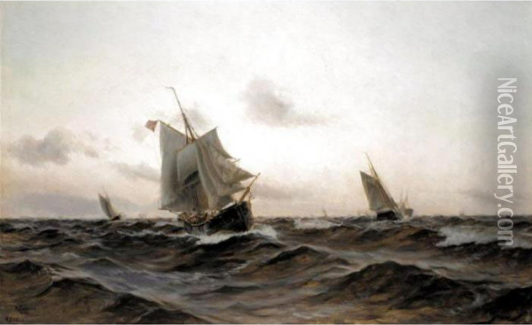 Danish Ships Sailing In A Fresh Breeze Oil Painting - Holger Peter Svane Lubbers