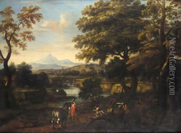 An Italianate Landscape With Erminia And The Basket Weavers Oil Painting - Pietro Paolo Bonzi