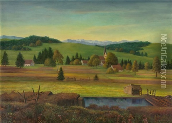 Hugelige Landschaft Mit Kirche Oil Painting - Hans Otto Baumann