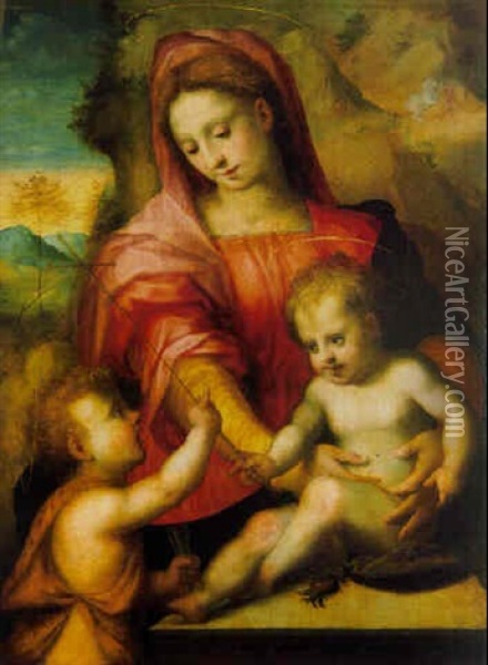 The Madonna And Child With The Infant Saint John The Baptist In A Landscape Oil Painting - Domenico Puligo