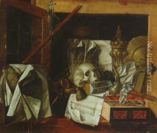 A Vanitas Still Life With A Skull, A Pocket Watch, An Hour Glass And Other Objects At An Open Window Oil Painting - Cornelis Norbertus Gysbrechts