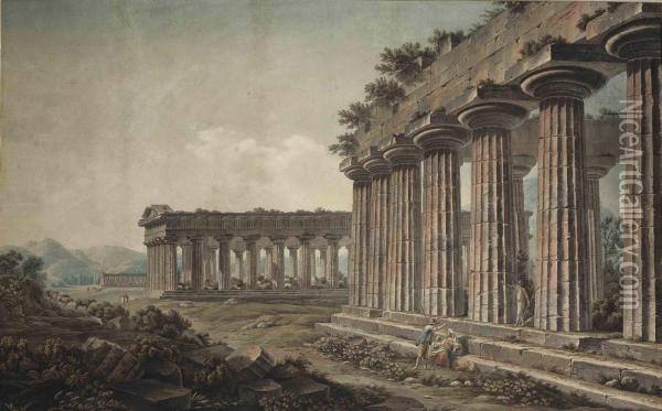 View Of The Two Temples Of Hera And The Temple Of Athena Atpaestum Oil Painting - Abraham Louis R. Ducros