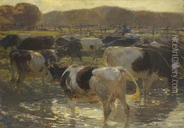 Rinder In Der Furt Oil Painting - Heinrich Johann Von Zugel