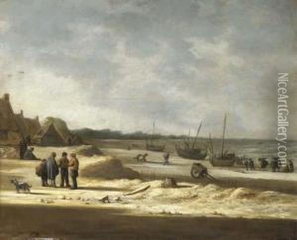 Figures And Boats On A Beach Oil Painting - Willem Gillisz. Kool