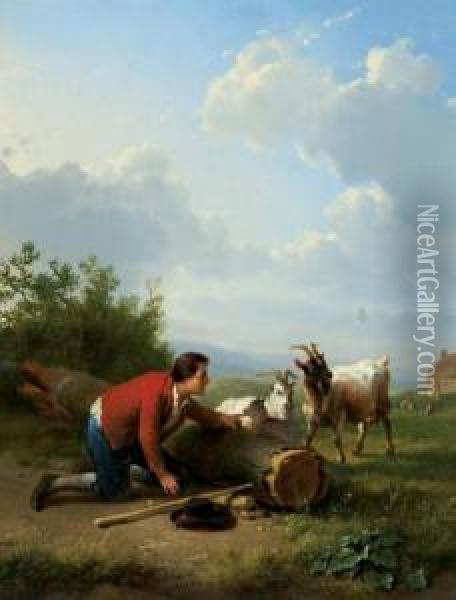 Tending The Goats Oil Painting - Eugene Verboeckhoven