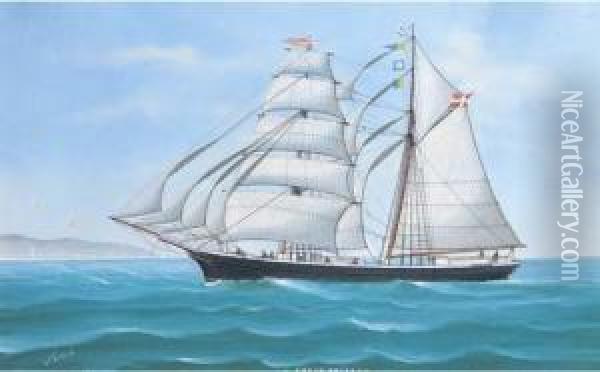 The Greve Frijs Under Full Sail 
In The Mediterranean; And The Greve Frijs Under Reduced Sail In A Swell Oil Painting - Luigi Roberto