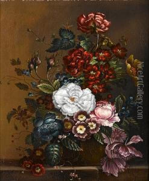 Roses, Primulae And Other Flowers On A Stoneledge Oil Painting - Petronella van Woensel