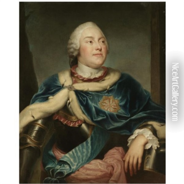 Portrait Of The Elector Friedrich Christian Of Saxony, Three Quarter Length, Wearing Armour And A Blue Ermine-lined Cape With The Cross Of Malta Oil Painting - Anton Raphael Mengs