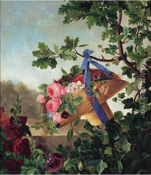 En Strahat Med Blomster (flowers In A Straw Hat) Oil Painting - Emilie Kastrup