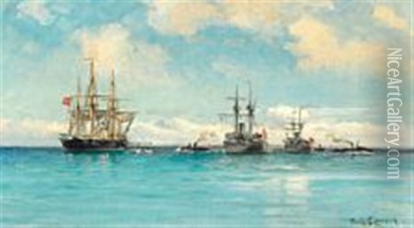 Seascape With Numerous Ships Oil Painting - Carl Ludvig Thilson Locher