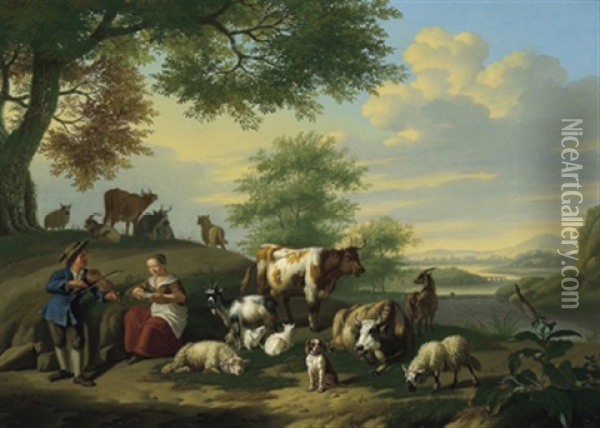 Musizierendes Hirtenpaar Mit Seiner Herde In Einer Fluslandschaft Oil Painting - Jan van Gool