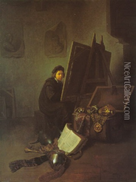 A Self-portrait Of The Artist In His Studio Oil Painting - Gerrit Dou