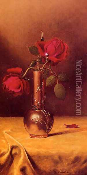 Two Red Roses In A Bronze Vase Oil Painting - Martin Johnson Heade