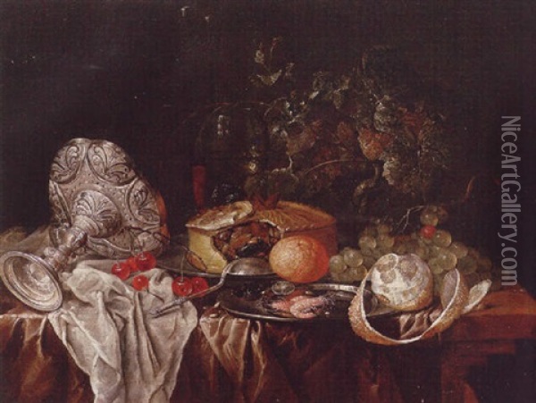 A Still Life Of An Up-turned Silver Tazza, Together With A Pie, Roemer, Wine Glass, Shrimps, Olives And Fruits Upon A Partly-draped Table Top Oil Painting - Jan Davidsz De Heem