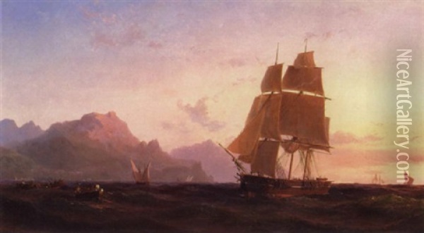 Sejlskibe I Middelhavet, Aftensol Oil Painting - Vilhelm Melbye
