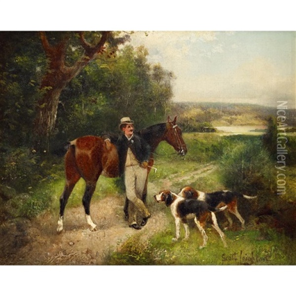 Horseman And Hounds; Summer Pasture (2 Works) Oil Painting - Scott Leighton