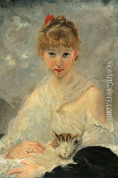 A Portrait Of A Young Woman Holding A Cat Oil Painting - Charles Joshua Chaplin