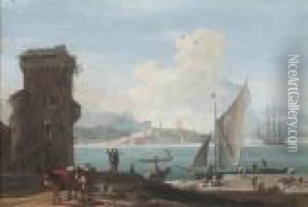 An Extensive View Of A Port With
 Sailors Unloading Cargo Onto Aquayside, A Peasant With Two Packhorses 
To The Left Oil Painting - Marco Ricci