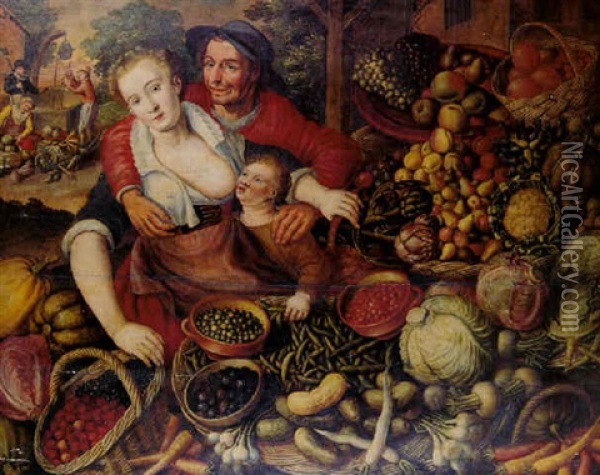 A Peasant Couple Standing By A Market Stall Laden With Fruits And Vegetables Oil Painting - Joachim Beuckelaer