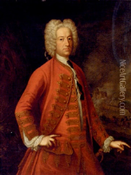 Portrait Of A Man (charles Jervas?), Three-quarter-length, In A Red Jacket, A Battle Beyond Oil Painting - Enoch Seeman