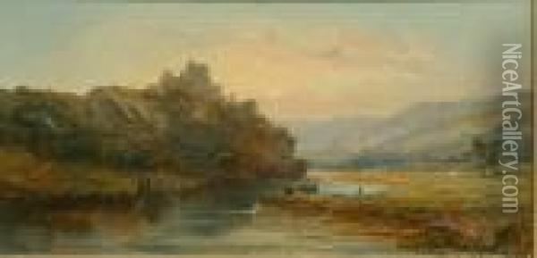 A River Scene With Cattle Grazing And A Castle Beyond At Sunset; An Upland River Scene With Mountains Beyond Oil Painting - William McEvoy