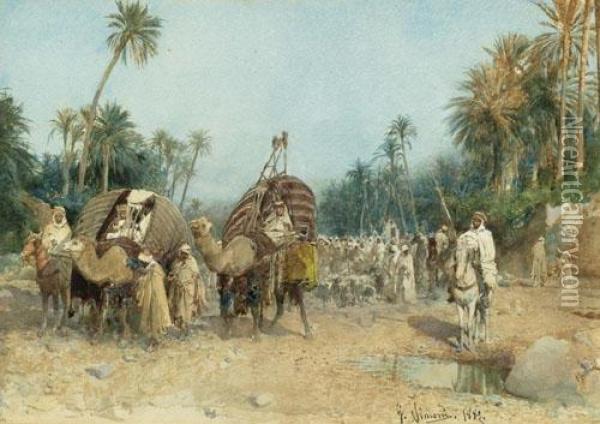 Karawane In Der Oase. 1883. Oil Painting - Gustavo Simoni