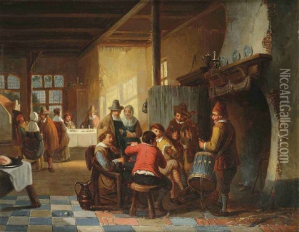 A Tavern Interior With People Making Music Oil Painting - Henri Joseph Gommarus Carpentero