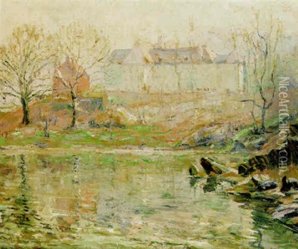Houses By A River Oil Painting - Ernest Lawson