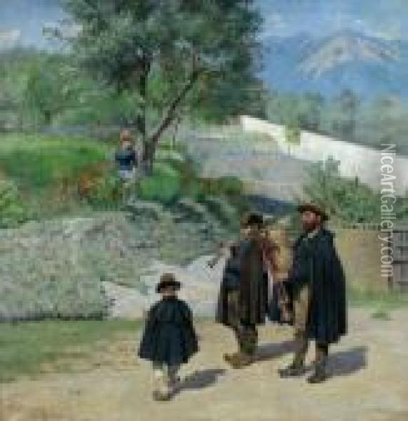 Corsican Musicians And Children In A Mountain Landscape Oil Painting - Ole Pedersen