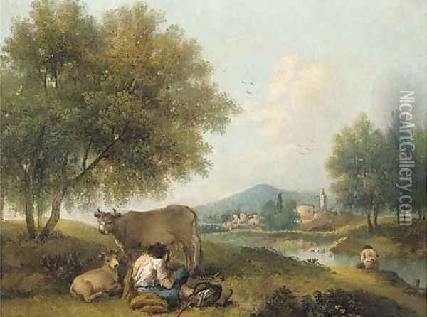 A wooded river landscape with herdsmen and cattle, a town beyond Oil Painting - Francesco Zuccarelli