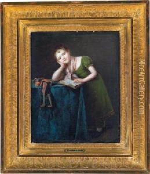 Una Giovane Fanciulla Con Un Libro E Un Pupazzo Di Arlecchino Oil Painting - Jean Antoine Pinchon