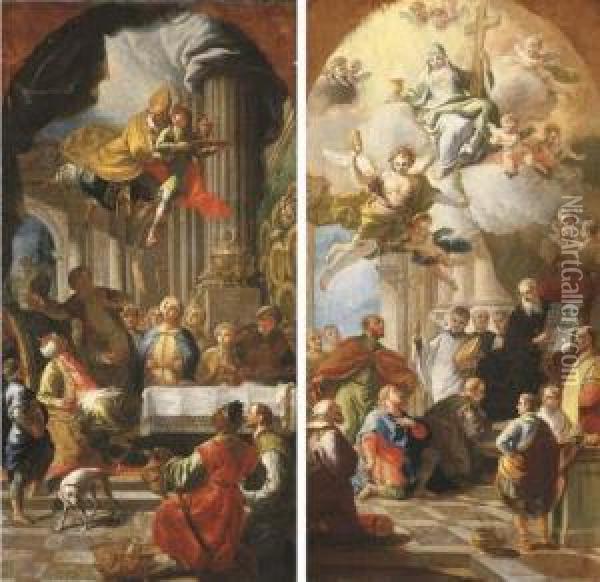 Saint Nicolas Of Bari Rescuing Adeodatus; And Saint Benedict Giving His Rule Oil Painting - Daniel Gran
