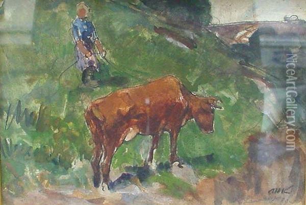 Hutemagd Mit Weidender Kuh Oil Painting - Arnold Hendrik Koning