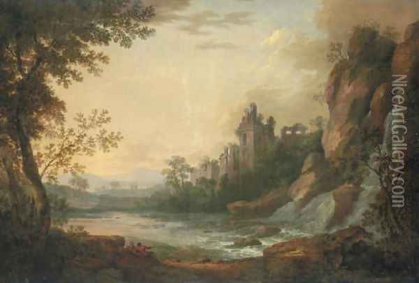 A river landscape with travellers resting on a path, a ruined castle beyond Oil Painting - Robert Carver