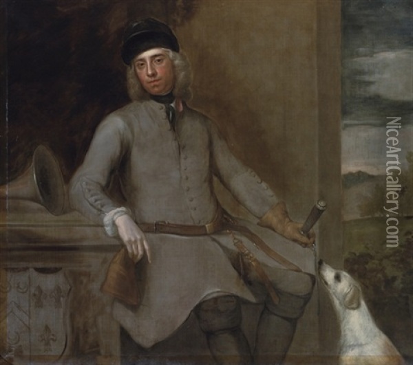 Portrait Of Charles Wither, Of Hall, Hampshire, In Hunting Dress, With A Hound Oil Painting - Stephen Slaughter