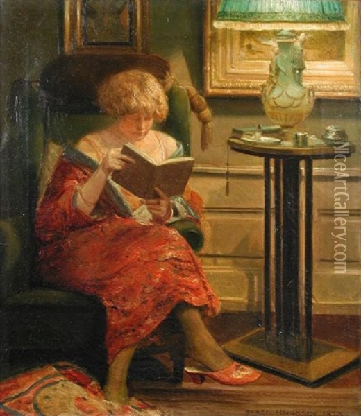 A Girl Reading A Book In A Library Oil Painting - Peder Jacob Marius Knudsen