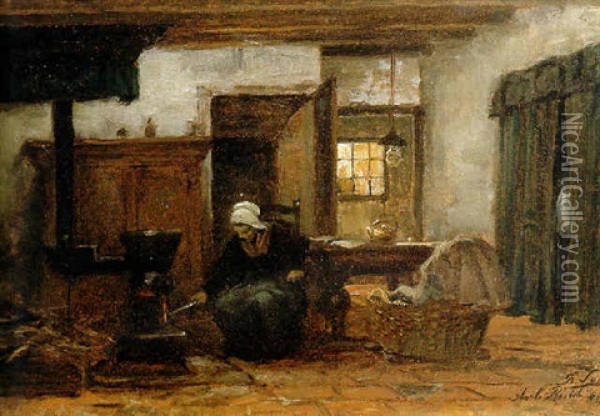Lighting The Stove Oil Painting - Philip Lodewijk Jacob Frederik Sadee