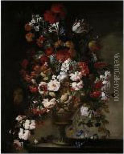 Still Lifes Of Lilies, 
Carnations, Tulips, Chrysanthemums, Morning Glory And Roses, Arranged In
 Sculpted Vases, Set Upon Stone Ledges Oil Painting - Karel Van Vogelaer, Carlo Dei Fiori