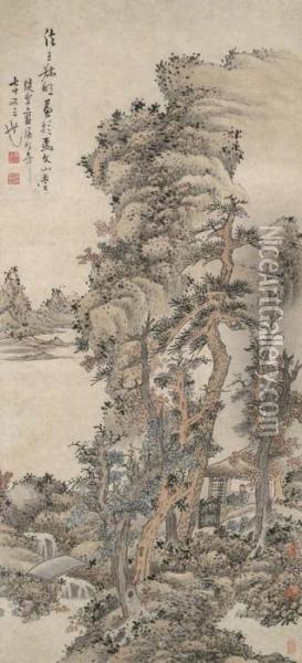 Landscape After Wang Meng Oil Painting - Lan Ying