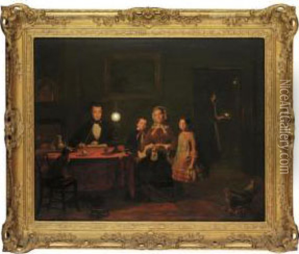 A Family In A Lamp-lit Interior Oil Painting - Johannes Rosierse