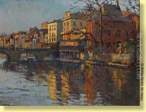 Coucher De Soleil Sur Le Pont Oil Painting - Lucien Frennet