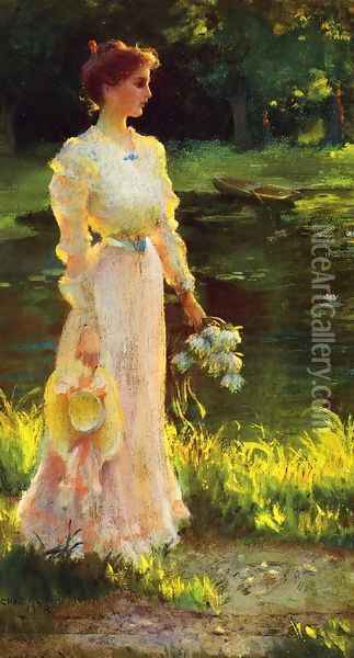 By the Lily Pond Oil Painting - Charles Curran