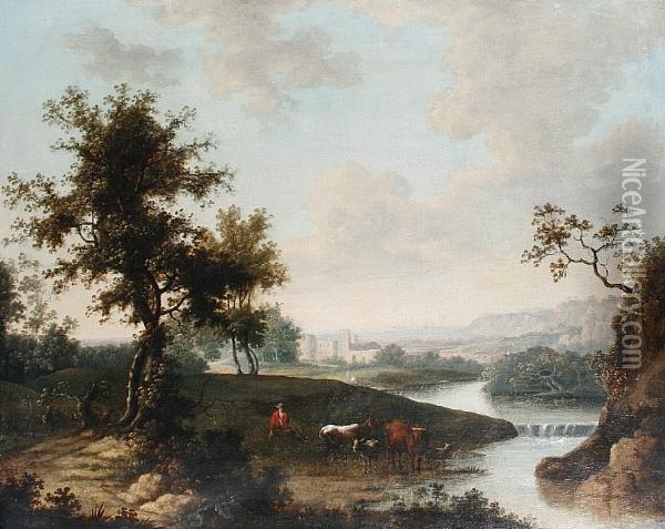An Extensive River Landscape 
With A Drover And His Cattle Watering, A View To A Castle Beyond Oil Painting - Charles Towne